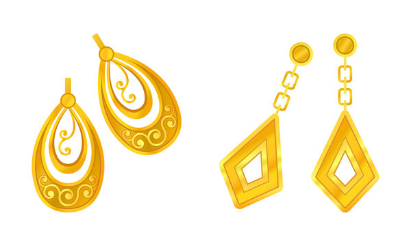 Fashionable gold jewelry set. Beautiful earrings cartoon vector illustration