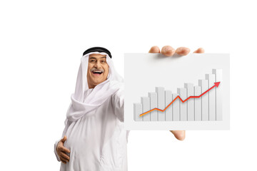 Mature arab man smiling and holding a card with a bar chart