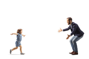 Full length profile shot of a little girl running to hug her father - obrazy, fototapety, plakaty