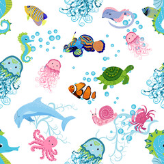 Naklejka premium Marine life, fish, animals bright seamless pattern. sea travel, underwater diving animal tropical fish. Jellyfish, whale, shark, seahorse, clown fish, dolphin, turtle, emperor