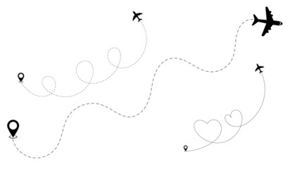Plane route line. Planes dotted flight pathway, travel destination airplane track, planes and traveling routes vector illustration icons set.