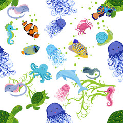 Marine life, fish, animals bright seamless pattern. sea travel, underwater diving animal tropical fish. Jellyfish, whale, shark, seahorse, clown fish, dolphin, turtle, emperor