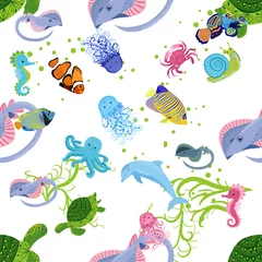 Stickers muraux Sous la mer La vie marine, les poissons, les animaux ont un motif lumineux sans couture. voyage en mer, plongée sous-marine animaux poissons tropicaux. Méduse, baleine, requin, hippocampe, poisson clown, dauphin, tortue, empereur