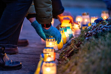 Candles on streets for peace in Ukraine, symbolising to stop the war, Stand with Ukraine