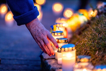 Candles on streets for peace in Ukraine, symbolising to stop the war, Stand with Ukraine