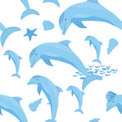 Obraz premium Dolphin, sea inhabitants seamless pattern, beautiful character among seashells, algae, starfish, marine wildlife