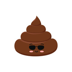 Poop cute funny excrement in sunglasses character cartoon emoticon isolated on white background.  Kawaii cool brown heap of shit emoji. Flat design vector clip art baby poo with face illustration.