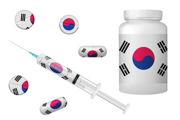 Medicine elements in colors of national flag. Concept clip art on white background. Korea South