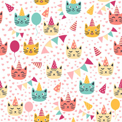 seamless pattern of birthday celebration elements - balloons, gifts, flag, cake, cute cat in hat
