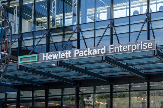 Houston, Texas, USA - March 2, 2022: Closeup of Hewlett Packard Enterprise sign above the entrance to office building, an American multinational enterprise information technology company. Editorial us