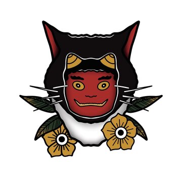 image of a cat in the demon mask in the of a neotraditional tattoo.