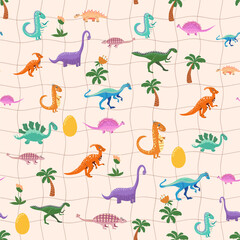 Hand drawn cute dinosaurs seamless pattern. Childrens pattern with dinos, rainbows, clouds, stars, polka dots
