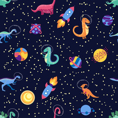 Dino in space seamless pattern. Cute dragon characters, dinosaur traveling galaxy with stars, planets. Kids cartoon background. Illustration of astronaut dragon, kids wrapping with cosmic dino © MichiruKayo