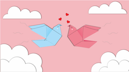 Vector illustration depicting love birds in origami style. Pink and blue color, postcard, banner, background