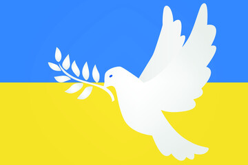 White dove of peace on ukrainian flag in the background. Symbol of hope and peace