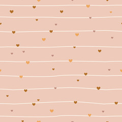 Striped seamless pattern with hearts. Retro background with hand drawn lines. Minimalistic Scandinavian style in pastel colors. Ideal for printing baby clothes, textiles, fabrics, wrapping paper.