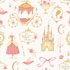 Cinderella seamless pattern. A fairy-tale carriage, a castle, a princess dress, a crown, a crystal slipper. Inscription. Once upon a time. White background. Stock illustration.