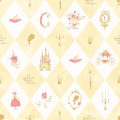 Cinderella rhombus seamless pattern. A fairy-tale carriage, a castle, a princess dress, a crown, a crystal slipper. Inscription. Once upon a time. Stock illustration.