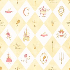 Cinderella rhombus seamless pattern. A fairy-tale carriage, a castle, a princess dress, a crown, a crystal slipper. Inscription. Once upon a time. Stock illustration.