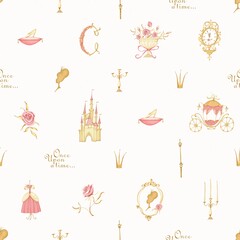 Cinderella sparse pattern on a white background. A fairy-tale carriage, a castle, a princess dress, a crown, a crystal slipper. Inscription. Once upon a time. Stock illustration. © marina draws