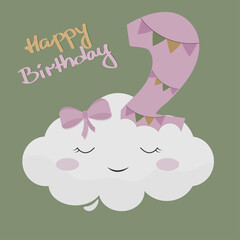 Cute Cloud Character with Number 2 and Lettering, Vector Kids Illustration
