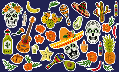 Set of stickers for the holiday Dia De Los Muertos. Drawn style. Vector illustration.