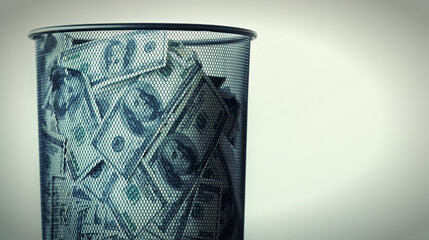 One mans trash is another mans treasure. Studio shot of a waste basket filled with money.