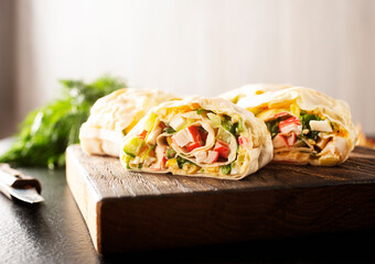Lavash roll with crab, cheese and eggs, selective focus © tycoon101