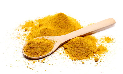 Seasoning salt, mix kitchen salt, turmeric powder, ground coriander, onion powder, ground ginger, mustard, white pepper, celery, chopped parsley, cumin, chili peppers isolated on white in wooden spoon