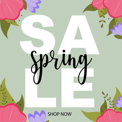 Spring sale banner or flyer for internet ads and social network promotional posts. Spring sale inscription in the middle of a green background with pink and purple flowers in the corners.