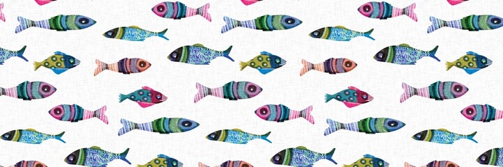 Colorful coastal seamless border with cute tropical fishes. Childish coral reef sealife fish banner. Playful summer beach edging fabric effect. Whimsical scandi fish riso endless trim.  © Nautical