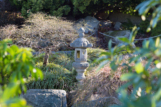 Pretty stone statue in the Queen Elizabeth Park’s Japanese Garden seen during a sunny winter day with foliage in soft focus foreground, Vancouver, British Columbia, Canada