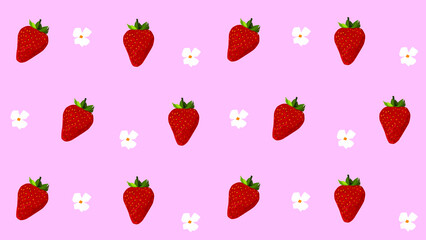 Vector pattern strawberries and flower blossoms on a pink background. Seamless pattern 
