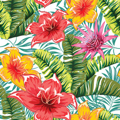 Palm. Seamless pattern with tropical plants and birds. Vector image. 