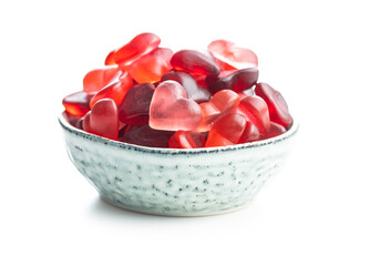 Heart shaped jelly candy in bowl isolated on white backgorund.