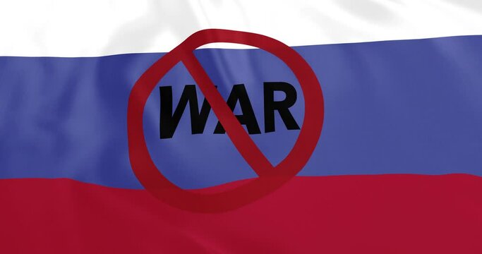 Russia flag waving 3d animation with No War text and symbol. The Russian flag. Stop the war concept. Seamless looping 4k