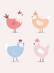 Easter card with cute chickens, funny hens in a flat style