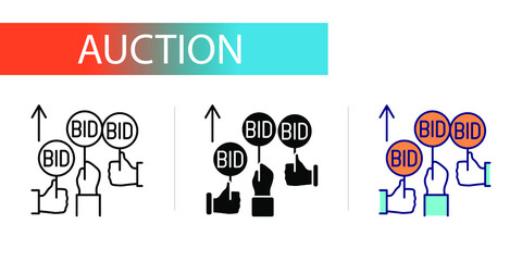 competition, price increase, auction, hands holding a signs. Icons set