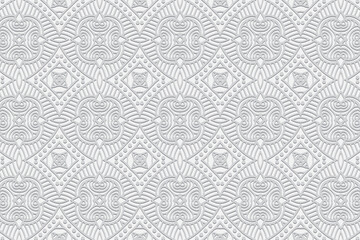 Embossed ethnic stylish white background, exclusive cover design. Geometric ornamental 3D pattern. National elements of creativity of the peoples of the East, Asia, India, Mexico, Aztecs.