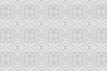 Embossed ethnic stylish white background, exclusive cover design. Geometric ornamental 3D pattern. National elements of creativity of the peoples of the East, Asia, India, Mexico, Aztecs.