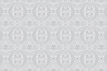 Embossed ethnic openwork white background, exclusive cover design. Geometric ornamental 3D pattern. National elements of creativity of the peoples of the East, Asia, India, Mexico, Aztecs.