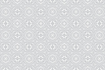 Embossed ethnic elegant white background, exclusive cover design. Geometric ornamental 3D pattern. National elements of creativity of the peoples of the East, Asia, India, Mexico, Aztecs.