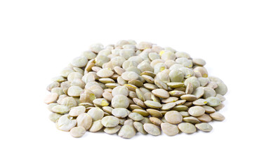 Green lentils isolated on a white background. Vegetarian foods. Haelthy food