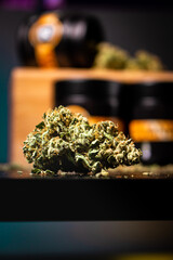 vertical marijuana bud close up with visible THC crystals and hairs on its side