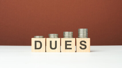 dues text on wooden blocks with coins on brown background