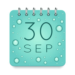 30 day of month. September. Calendar daily icon. Date day week Sunday, Monday, Tuesday, Wednesday, Thursday, Friday, Saturday. Dark Blue text. Cut paper. Water drop dew raindrops. Vector illustration.