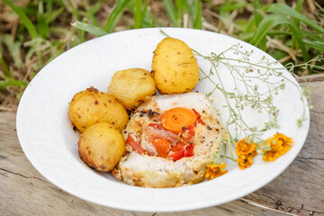 Lombo em prato exótico com ervas de batata e cebola.	
