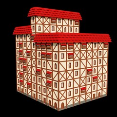 Medieval red roof 10-floor hotel 3d rendering. Fantasy building illustration. Perspective architecture.	
