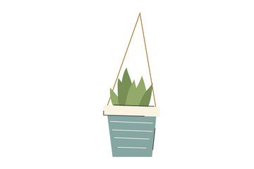 Minimalistic flower  in a hanging pot. House plant in trendy colors, ornamental flowerpot. Vector illustration in flat cartoon style isolated on white background