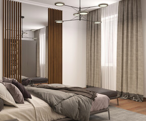Modern bedroom with bed, mirrored wall and wood panelling, bedside pouffe, wood floor, nightstands and chandelier. Window and curtain. 3d render